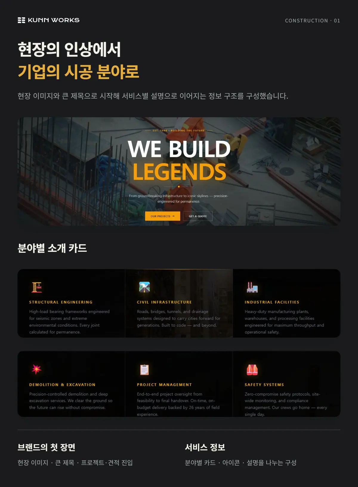 건설기업 브랜드 웹사이트 사례 자료 1. 제공된 제품 화면 · 예시 데이터
