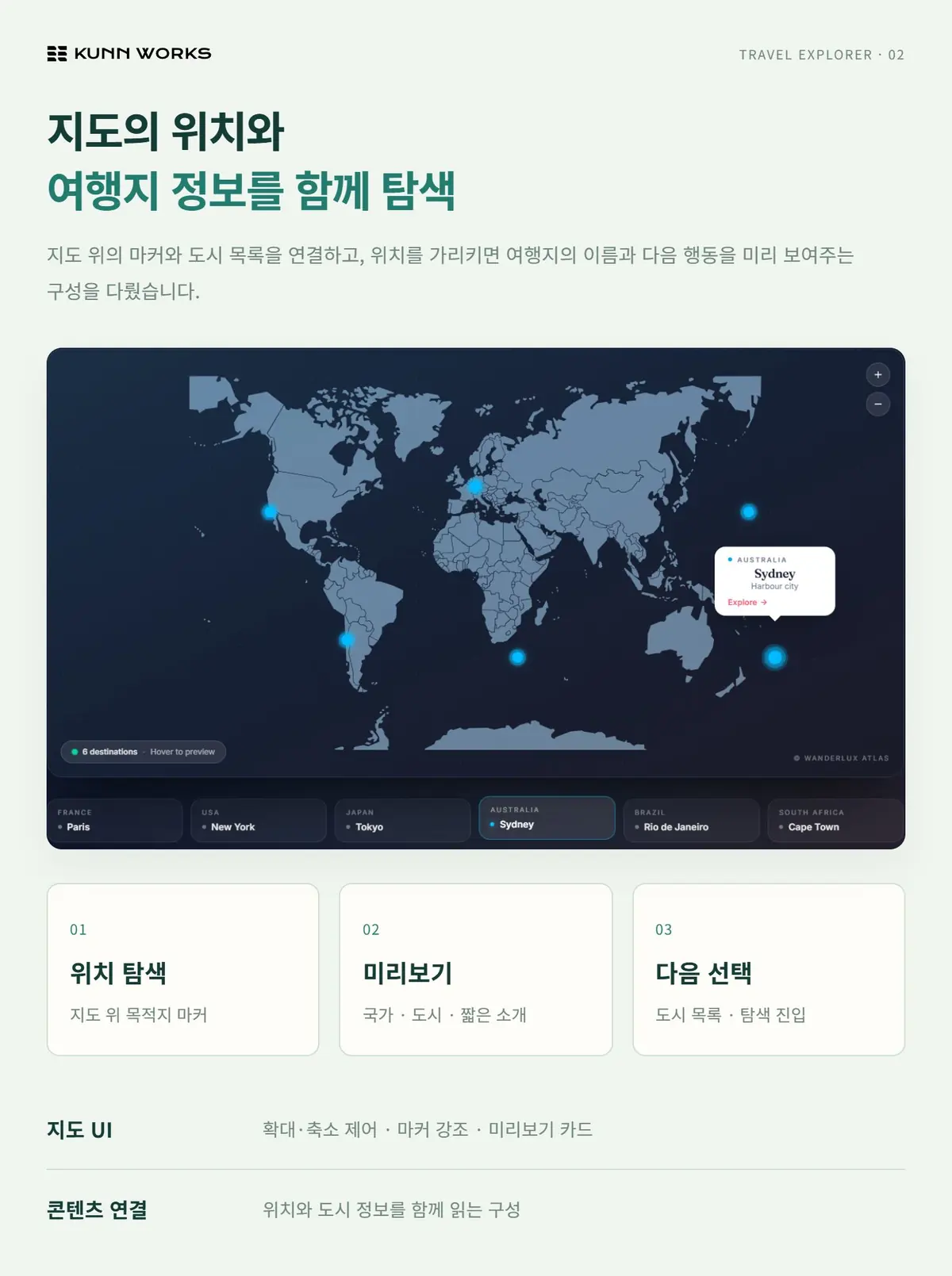 지도 기반 여행 탐색 사례 자료 2. 제공된 제품 화면 · 예시 데이터