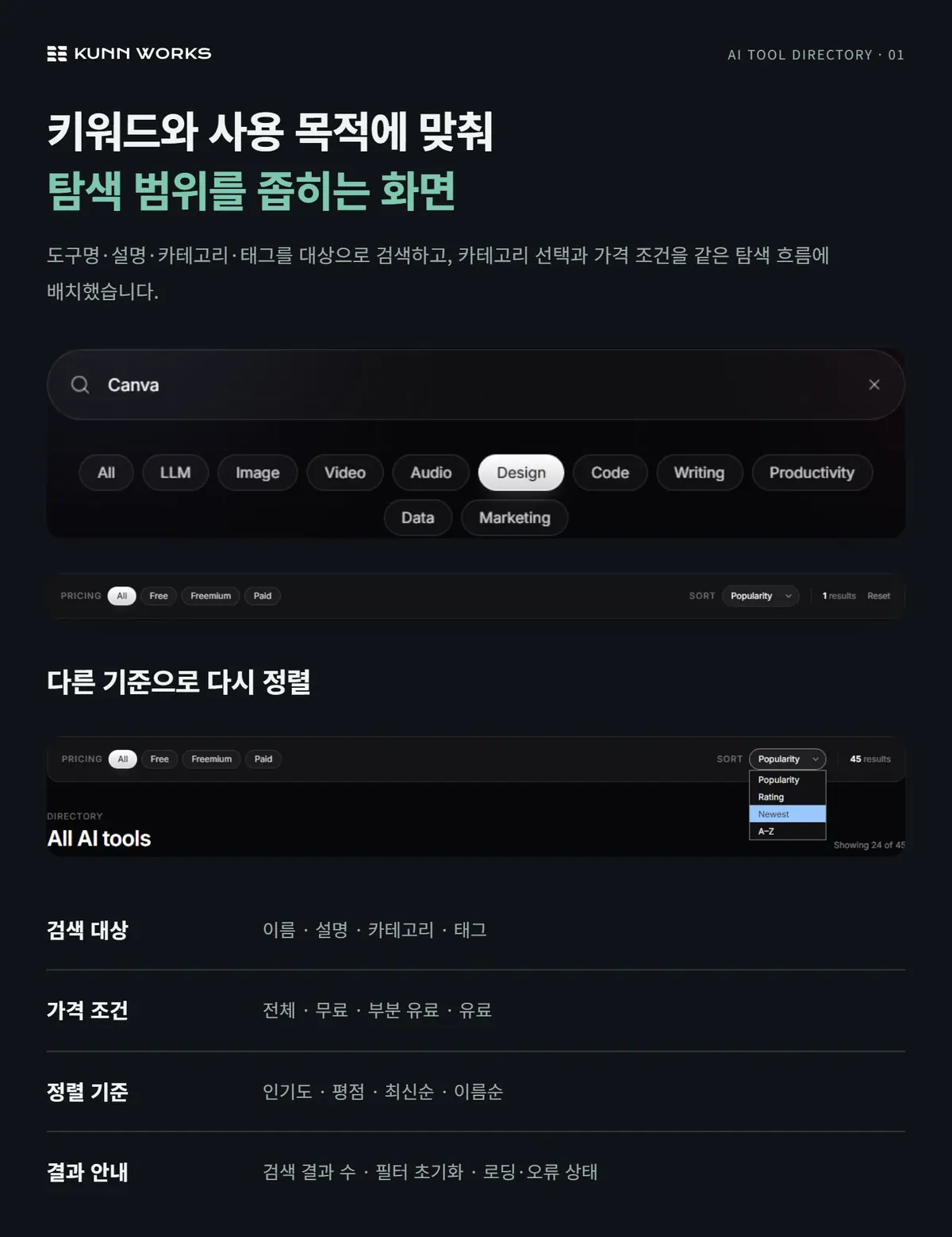 AI 도구 검색·비교 사례 자료 1. 제공된 제품 화면 · 예시 데이터