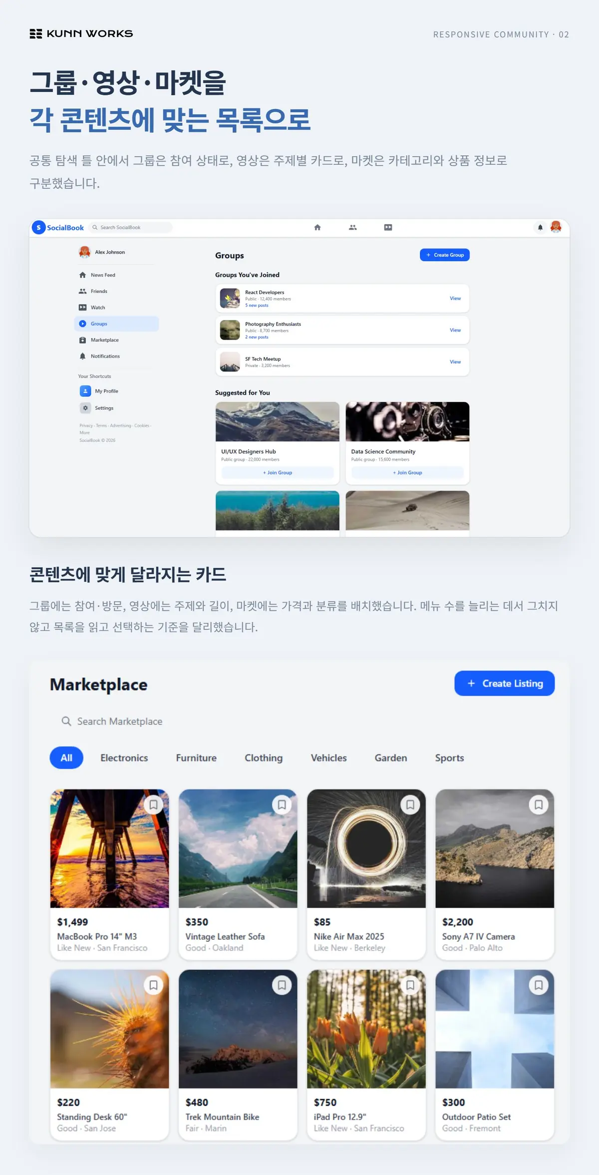 그룹 커뮤니티 사례 자료 2. 제공된 제품 화면 · 예시 데이터