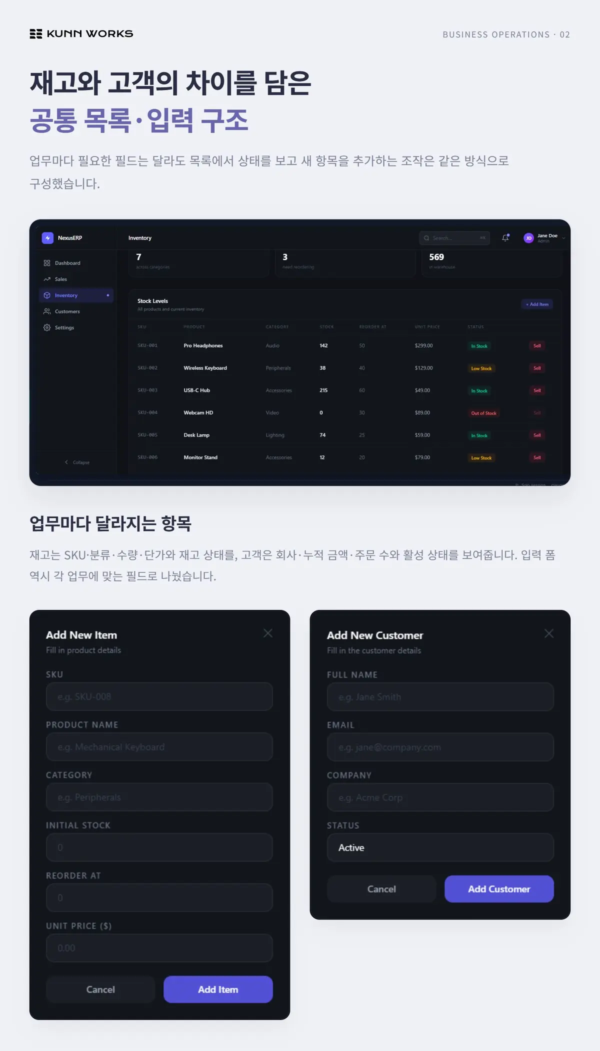 매출·재고·고객 관리 ERP 화면 사례 자료 2. 제공된 제품 화면 · 예시 데이터