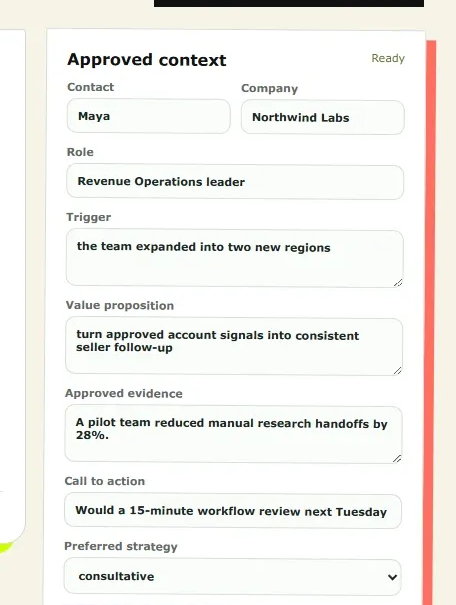AI-assisted sales email drafting and review — Product demonstration · sample data