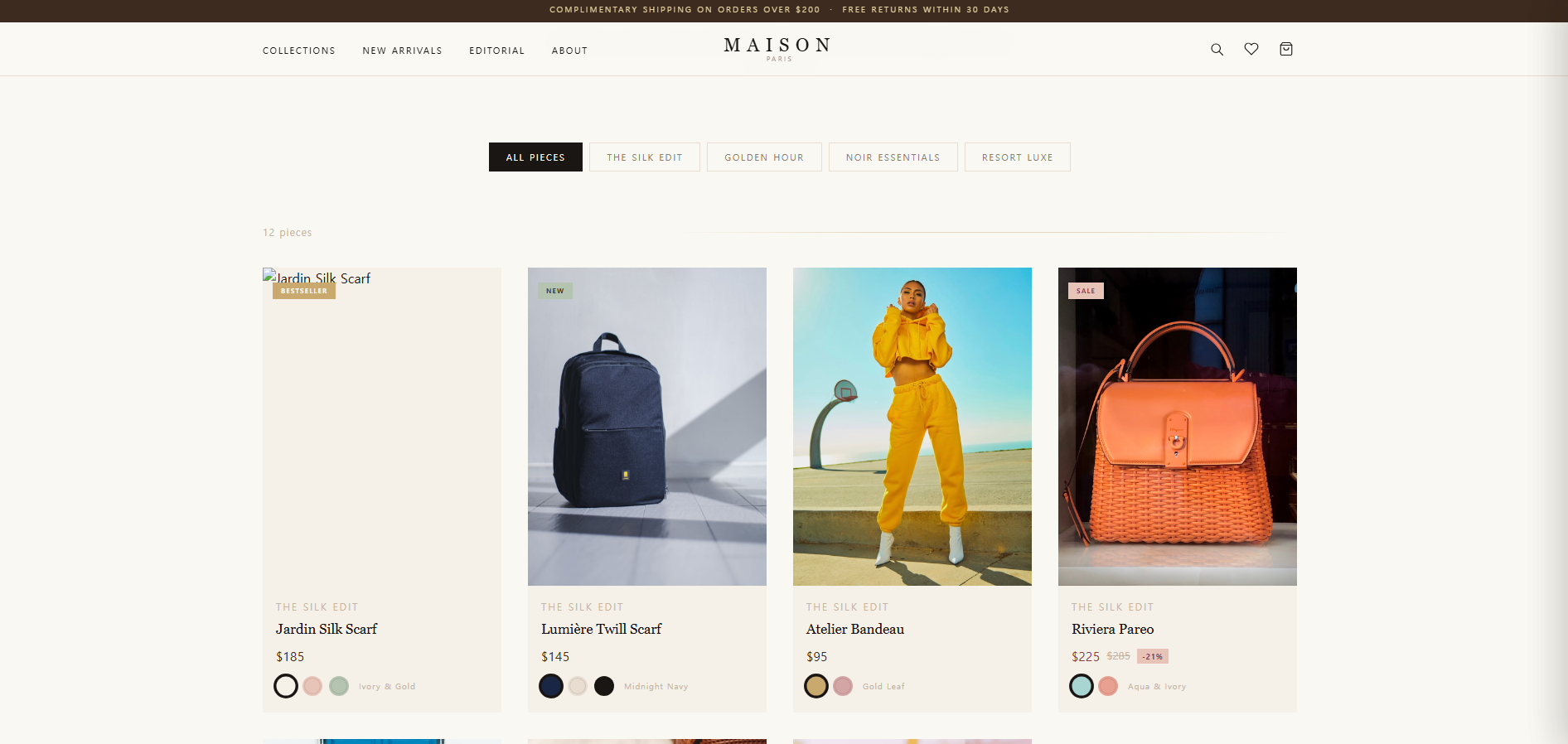 Fashion commerce browsing and checkout UI — Product demonstration · sample data